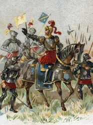 Italské války: Ludvík XII. (1462-1515), francouzský král, v bitvě u Agnadelu (Milán) v Itálii dne 14. května 1509. Chromolitografie.