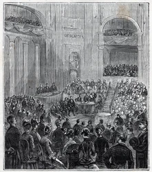 Jacques Babinet (1794 - 1872), francouzský fyzik a astronom na slavnostním setkání pěti akademií v roce 1840 - Rytina v „Vědách dosažitelných všem – fyzika a chemie“ od Alexise Clerca – Konec 19. století. Soukromá sbírka.
