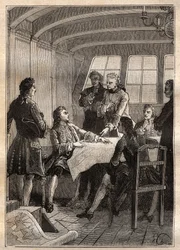 Jakob (Jacob) Roggeveen (1659-1729), nizozemský objevitel během své plavby do Tichého oceánu v roce 1722 - ilustrace z knihy „Velcí mořeplavci 18. století“