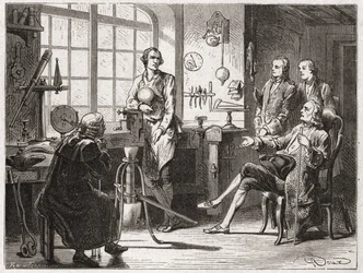James Watt (vynálezce parního stroje v roce 1769) ve svém obchodě v Glascow - v „“ Album of Science; věhlasní vědci; Velké objevy “”” 1896.