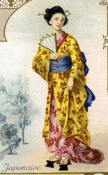 Japonka. Edice pařížská litografie, konec 19. století. Série 25 reklamních chromů pro dijonskou výrobnu Biscuits Pernot, vytvořená v roce 1869. Detail postav v tradičním kroji