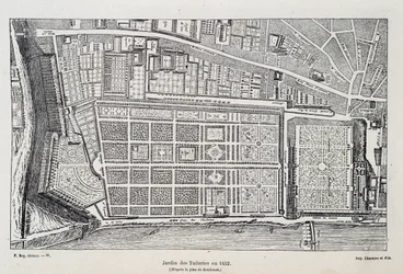 Jardin des Tuileries v roce 1652 (podle plánu Gomboust) - v „Paříži v průběhu staletí“, od H. Gourdona de Genouillac, ed. F. Roy, Paříž