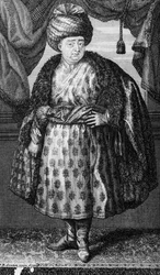 Jean-Baptiste Tavernier, tisk vytvořil J. B. Scotin, frontispis k Šest plaveb Jean-Baptiste Taverniera od Jean-Baptiste Taverniera, vydáno 1713