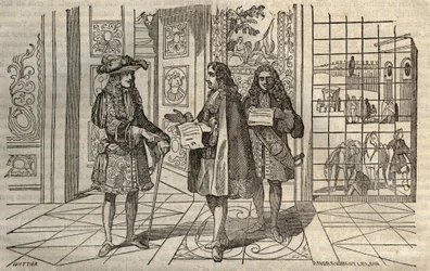 Jean Baptiste Colbert (Jean-Baptiste) (1619-1683) na setkání s králem Ludvíkem XIV. a Francoisem Louvoisem (1641-1691) ve Versailles - rytina podle Leclerca -