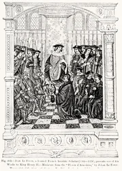 Jean le Feron (1504-70) představuje jedno ze svých děl králi Jindřichu II. (1519-89) z Blason dArmoires od Jeana le Ferona, ilustrace z vědy a literatury ve středověku a renesanční spis