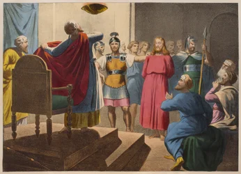 Ježíš Kristus před Kaifášem, ilustrace z katechismu LHistoire Sainte, vydal Charles Delagrave, Paříž, konec 19. století