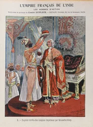 Joseph Francois Dupleix (1697-1763) přebírá císařské insignie od indického panovníka, obálka školního sešitu kolem roku 1900