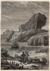 Kerguelenské ostrovy. Ilustrace k Velkým navigátorům 18. století od Julese Verna - James Cook aux Iles de Kerguelen en 1776 (souostroví Kerguelen nebo Iles de la Desolation) - v „Planičáři 18. a 19. století - ilustrace