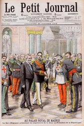 Španělský král Alfonso XIII. představuje svůj dvůr francouzskému prezidentovi Emile Loubetovi v královském paláci v Madridu. V královském paláci v Madridu. Španělský král Alfonso XIII. představuje dvorské hodnostáře prezidentovi republiky Loubetovi