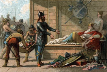 Král Chlodvík III. zvaný Le Feneant, francouzský král v letech 691 až 695. Chromolitografie kolem roku 1890.