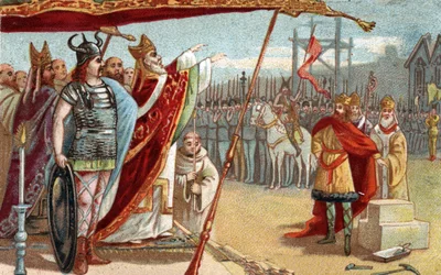 Král Dagobert I. (605-639), merovejský král Franků, 629 až 634 pokládá první kámen baziliky Saint Denis (Saint Denis) v přítomnosti svatého Eloi. Chromolitografie konce 19. století.