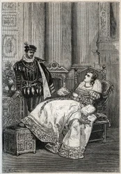 Král Jindřich II. (1519-1559) a Diane de Poitiers (1499-1566) - Jindřich II. Francouzský a Diane de Poitiers - rytina z „“ Histoire de France“ od Julese Micheleta - 1876-1877 -