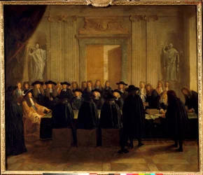 Král Ludvík XIV. (1638-1715) držící pečeti v přítomnosti státních radních a mistra žádostí, zatímco on sám zastával úřad francouzského kancléře mezi únorem a dubnem 1672 Anonymní obraz. Slunce 17. století. 1,10 x 1,28 m