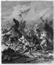 Germánský král Othon I. řekl Veliký (912-973) překvapený vzbouřenci v Římě. Rytina v „Histoire des Papes-Rois-Queen and Empereurs a travers les století“ od Maurice Lachatre