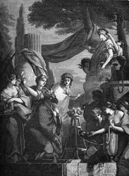 Král Šalamoun (10. století př. n. l.) obklopený svými konkubínami. Rytina do „Historie prostituce a zhýralosti mezi všemi národy světa od starověku po současnost“ od Dr. Th. -F. Debray. 1879.