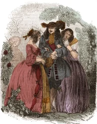 Francouzský král Ludvík XIV. (1638-1715) s Hortense Mancini (1646-1699) a jeho sestrou Marií Mancini (1639-1715). Mazarinovy neteře. Rytina 19. století.