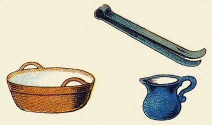 Kuchyňské náčiní. Rytina v "ABC indechirable na lakovaném plátně". A. Capendu, redaktor, Paříž, konec 19. století. Dětské knihkupectví ilustrované. 8 stran. Rozměr: 21,5 x 18 cm.