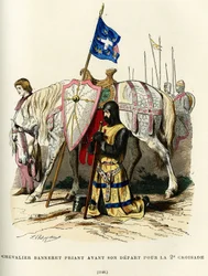 Rytíř praporu (šlechtický titul, který dává právo nosit prapor) se modlí před odjezdem na druhou křížovou výpravu (1147-1149). Barevná rytina, in "France et les francais a travers les siecles" Augustin Challamel, F.Roy editor, Paris 1882.