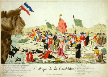 Útok na ústavu, hospod. 1792 (ručně kolorovaná rytina)