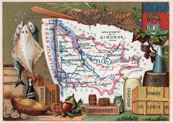 La Gironde (33), Akvitánie, Francie. Místní specialita: ryby, anýz, víno z Bordeaux, švestky, svíčky, doutníky, zátky a koloniální jídlo. Seriál o francouzských departementech. Chromolitografie (Chromo) „“zeměpisné vlákno“, kolem roku 1920. Soukromá sbírka