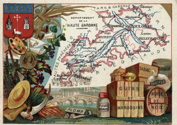La Haute Garonne (Haute-Garonne, 31), Midi-Pyrenees (Midi Pyrenees), Francie. Místní specialita: olovo, pomerančové květy, pasta, kůže a kožené zboží, tabák, ořechový olej, dehet a lanýže. Seriál o francouzských departementech. Chromolitografie (Chromo) „“