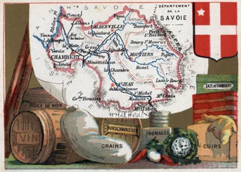 La Savoie (73), Rhone Alpes (Rhone-Alpes), Francie. Seriál o francouzských departementech. Místní specialita: olej z vlašských ořechů, víno, obilniny, kirschwasser (kirsch), sýr, komorová gáza a kůže. Chromolitografie (Chromo) „“geografické vlákno“, kolem 