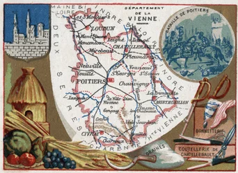 La Vienne (86), Poitou-Charentes (Poitou Charentes), Francie. Semena, příbory a punčochové zboží Chatellerault. Seriál o francouzských departementech. Chromolitografie (Chromo) „“zeměpisné vlákno“, kolem roku 1920. Soukromá sbírka.