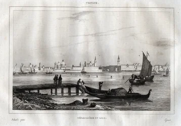 Přistávací plocha Lido de Venice - rytina z “” Malebné Itálie”” od M. de Norvinse, Ch. Nodier 1834-1836.