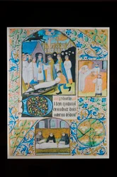 Poslední pomazání - pohřební obřad, pergamenová stránka z knihy hodin, severní Francie, kolem roku 1480 (rukopis)