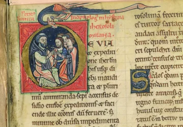 Lat 5128 f.1 Petr Poustevník rozdává kříže, z "Historie Jeruzaléma..." od mnicha Roberta (pergamen)