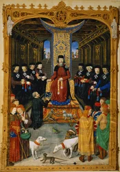 Lat 6067 f.3v Autor věnuje svou knihu Pierru dAubussonovi, velmistru Řádu svatého Jana Jeruzalémského, z Dějiny obléhání Rhodu, Guillaume Caoursin, 1483