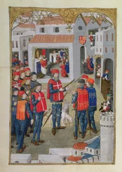 Lat 6067 fol.33v Rytíři svatého Jana Jeruzalémského připravují se na obranu Rhodosu, z Historie obléhání Rhodu, Guillaume Caoursin, 1483