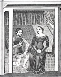 Launcelot a Guinevere, podle miniatury z rukopisu ze 14. století, z Science and Literature in The Middle Ages od Paula Lacroix pub. Londýn 1878