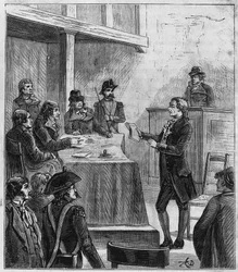 Lavoisierův proces – Antoine Laurent de Lavoisier (1743-1794), francouzský chemik před revolučním tribunálem – Rytina ve „Sciences à la gridte de tous – fyzika et chimie populaires“ od Alexise Clerca – konec 19. století – soukromá sbírka