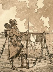 Le Bleuet. Symbol paměti a solidarity ve Francii pro veterány a oběti první světové války. 1. světová válka ilustrace francouzské propagandy evokující francouzská vítězství v průběhu věků. Z Agenda Buvard du Bon Marche publikované v roce 1917.