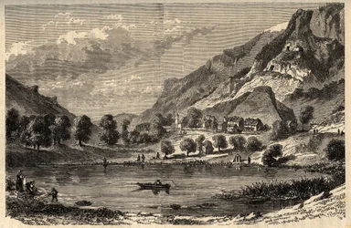 Le Lauzet-Ubaye - Le lac du Lauzet - obec v departementu Alpes-de-Haute-Provence v jihovýchodní Francii - rytina "” PATRIE”” - PECTUREQUIREQUE POPIS FRANCIE V 6 SVAZTECH LUCIEN HUARD - konec 19. stol.