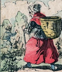 Le Pere Fouettard, francouzská postava pro bičujícího otce, legendární lidová postava trestající zlobivé děti: jeho žena, La Mere Fouettard, bičující matka, která pronásleduje děti a nechodí do školy - Epinal obrázek