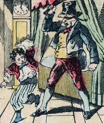 Legendární postava Le Pere Fouettard z folklóru, trestající nemoudré děti svým bičem a zavírání neposlušných dětí, obraz Epinal