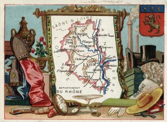 Le Rhone (69), Rhone Alpes (Rhone-Alpes), Francie. Místní specialita: hedvábí, hnědá, krajka. Seriál o francouzských departementech. Chromolitografie (Chromo) „“zeměpisné vlákno“, kolem roku 1920. Soukromá sbírka.