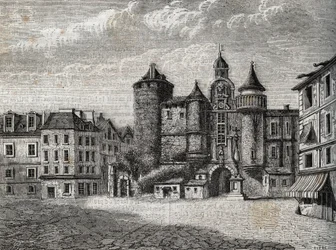 Le Vieux Paris – le Grand Chatelet – rytina do „“fyzických, občanských a morálních dějin Paříže: od nejstarších historických dob až po současnost“ od Jacquese Antoine Dulaure