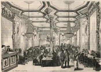 Kavárna Pierron v Paříži v 19. století – rytina v „Tableau-de-Paris“ od Edmonda Texiera 1852
