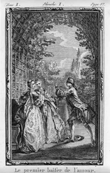 První polibek lásky. Ilustrace k dílu „Julie aneb Nová Heloisa“ od Jeana-Jacquese Rousseaua (1712-1788), vydání z roku 1769