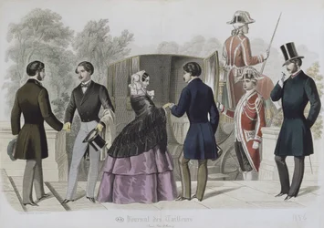 Odjezd na projížďku v kabině, ilustrace z Le Journal des Tailleurs, 1856 (barevná rytina)