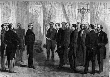 Císař Napoleon III přijímá v Tuileries mexickou delegaci odpovědnou za nabídku mexické koruny princi Maxmiliánovi (Maximilián 1. Mexika). Paříž