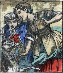 Lemuel Gulliver v zemi obrů Brobdingnag. Ilustrace pro „“ Gulliver