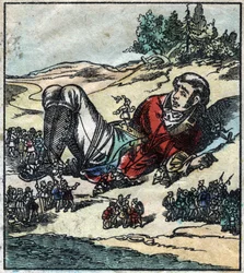 Lemuel Gulliver se po ztroskotání probudil a byl zajat liliputány. Ilustrace pro „“ Gulliver