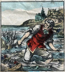 Lemuel Gullliver vypálil lodě Blefuscovy armády do hlavního přístavu Lilliput. Ilustrace pro „“ Gulliver