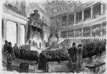 Leopold II. (1835-1909), král Belgičanů, složil v roce 1865 přísahu před velkými orgány státu.