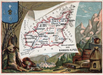 Les Basse Alpes (Basse-Alpes), dnešní departement Alpes-de-Haute-Provence (Alpes de Haute-Provence 04), Francie. Místní specialita: lov, vosk, med, sušené ovoce a olej. Seriál o francouzských departementech. Chromolitografie (Chromo) „“ zeměpisná poloha