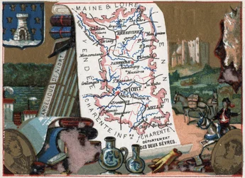 Les Deux Sevres (Deux-Sevres, 79), Poitou Charente (Poitou-Charente), Francie. Niort je andělský. Seriál o francouzských departementech. Chromolitografie (Chromo) „“zeměpisné vlákno“, kolem roku 1920. Soukromá sbírka.